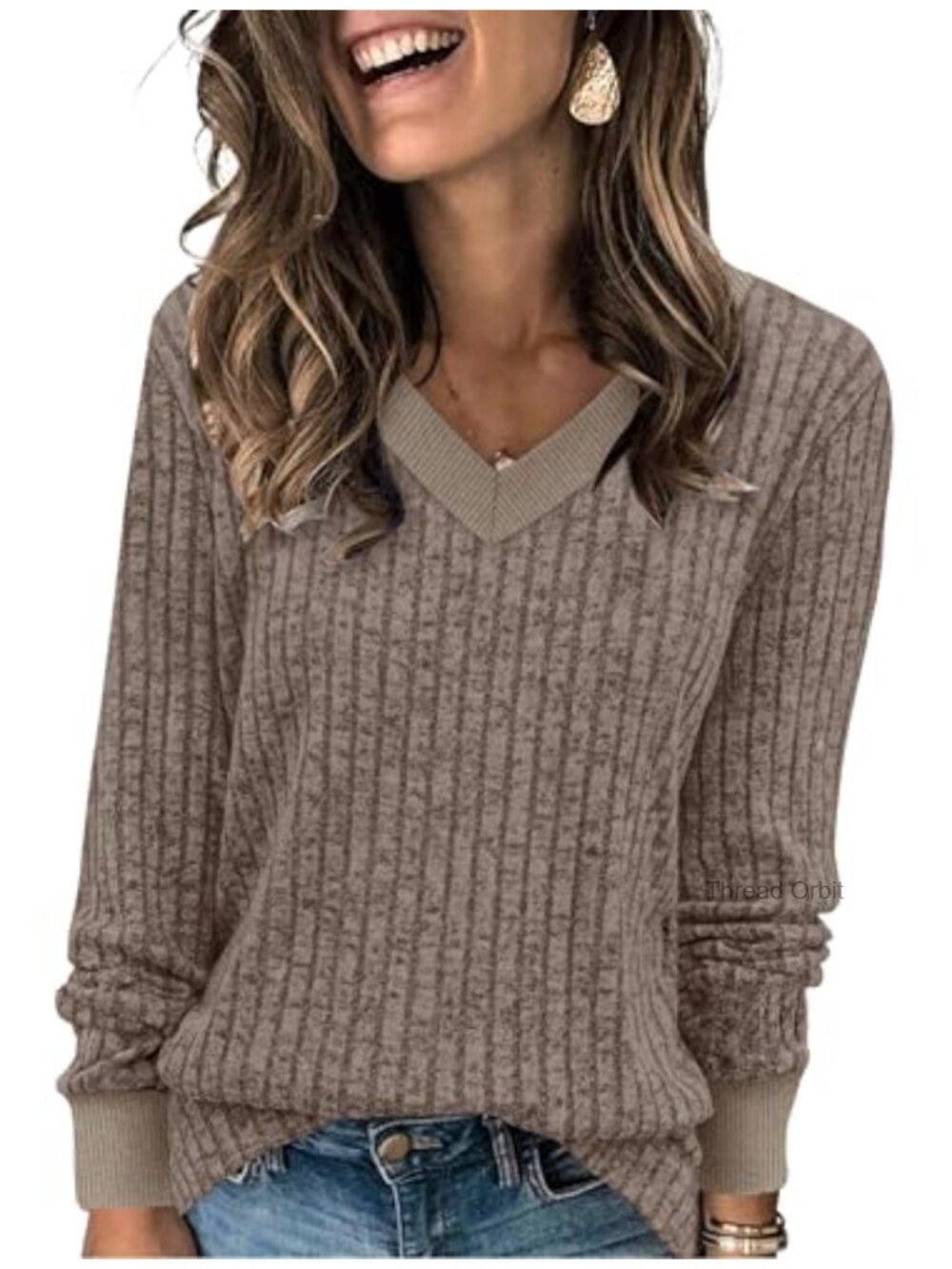 Women's V Neck Long Sleeve Tunic Sweater Soft Lightweight Fall Pullover